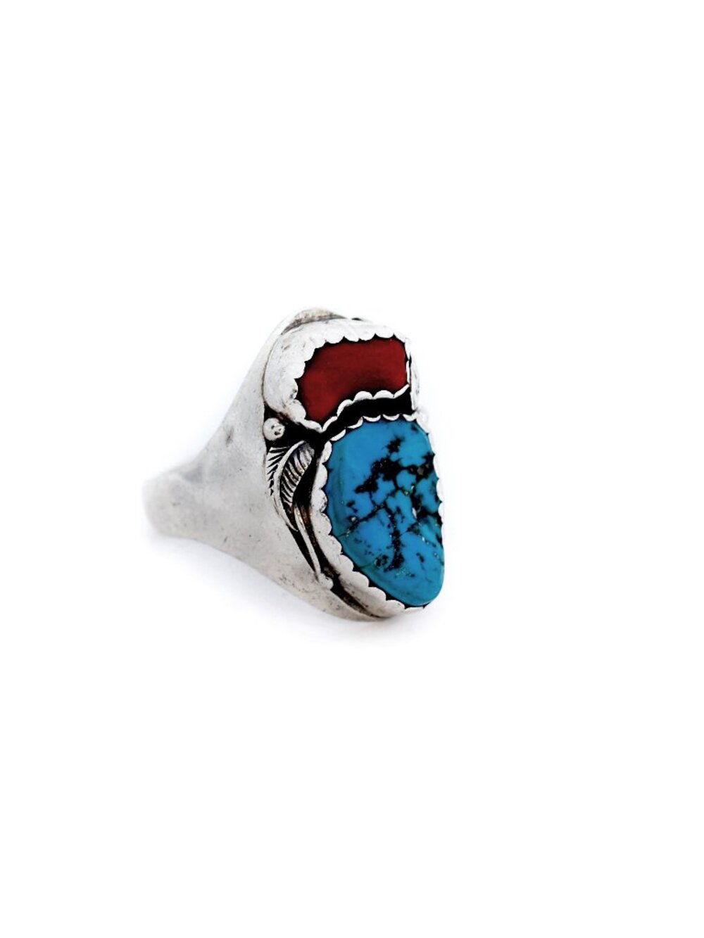 BAKER LB Jewelry Native American Sterling Silver Turquoise and Coral Ring